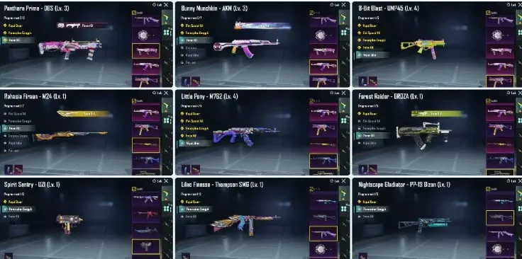 PGM551 Pony M762 Lvl 4, Bunny AKM Lvl 3, Conqueror C8S22/C8S23, Max RP, 172 Sets (G)